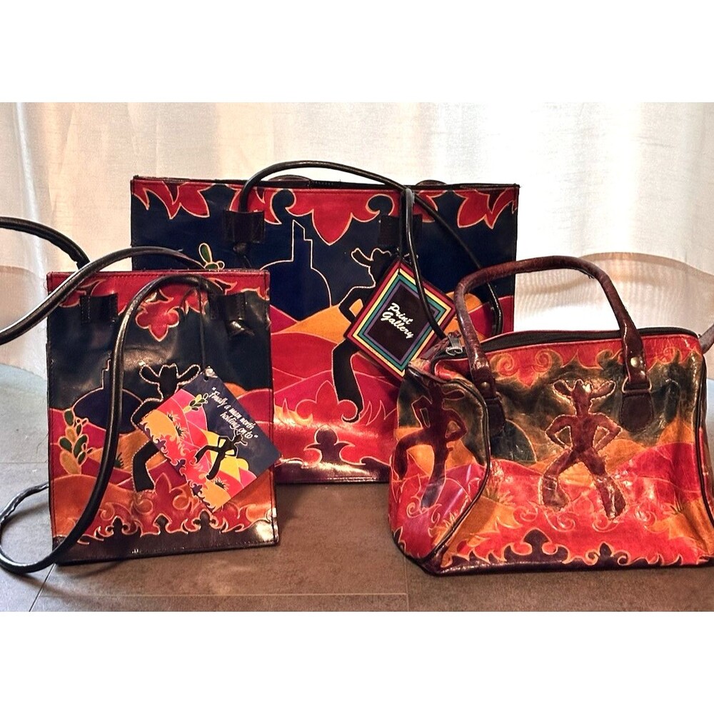 Hand-Painted Artisan Purse Set lot of 3 sizes leather Cowboy Southwestern boho